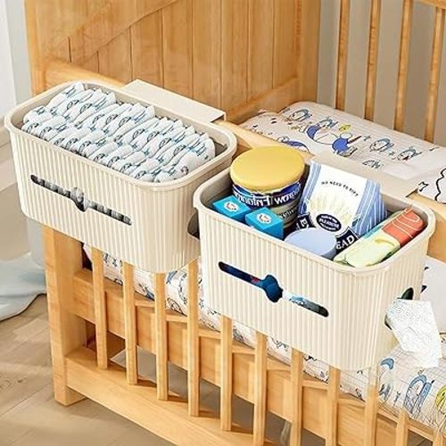 Bedside Storage Box Bin Organizer Diaper Caddy Organizer for Kids Bed, Crib, Playard ,Playpen, Nursery Bedroom, Bathroom Essentials,for Books, Tissues, Cup & Snacks (Beige)