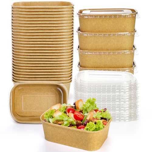 Yesland 50 Pack Compostable Rectangular Kraft Paper Bowls, 25 Oz, Microwave & Freezer Safe, Reusable, Perfect for Take-Out, Office Lunch, Picnic, 6.75 x 4.75 x 2.5 inches