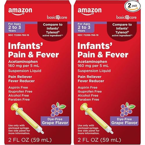 Amazon Basic Care Infants' Pain & Fever,Acetaminophen 160 mg per 5 mL,Suspension Liquid,Dye-Free Grape Flavor,2 fl oz,(Pack of 2)