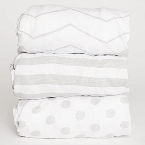 NODNAL CO. Bassinet Fitted Sheet Set 3 Pack 100% Jersey Gray Cotton for Baby Girl/Boy - Grey Chevron, Polka Dot and Stripe 160 GSM Sheets