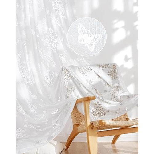 PONY DANCE Floral Butterfly Lace Sheer Curtains 96 Inch Length for Bedroom, Elegant Semi Gauze Drapes with Sheer Overlay for Living Room/Girls Room/Kids Room/Nursery, 2 Panels Set, 55″ Wide, White