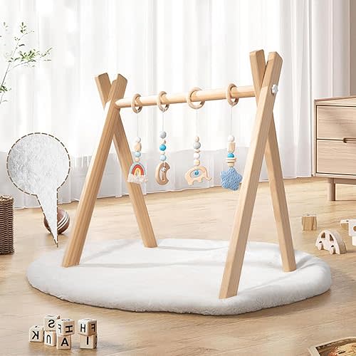 Wooden Baby Play Gym with Activity Mat, Foldable Baby Gym Frame with Hanging Sensory Toys for Newborn, Tummy Time Playground