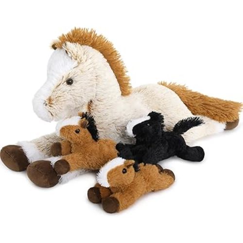 Tezituor 4Pcs Horse Stuffed Animal Set, 21inches Large Stuffed Mommy Horse with 4 Baby Pony Toys, Brown Stuffed Pony Plush Pillow for Boys Girls