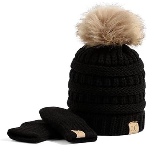 C.C Baby Beanie Hat and Mitten Set – Soft Ribbed Knit Winter Warm Hat and Gloves for Infants and Toddlers