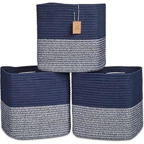 NaturalCozy 13 Inch Cube Storage Bins Cotton Rope Woven Baskets for Organizing 3-Pack | 13 x 13 Storage Cubes | Fabric Square Storage Baskets for Shelves Organizer, Kids Toy Bins, Closet Baby Nursery