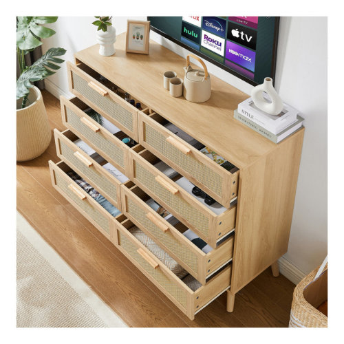 Bay Isle Home™ Bedroom dresser, 8 Double Dresser with rattan drawers, wood chest of drawers for kids room, living room, entry and hallway, Natural | Wayfair