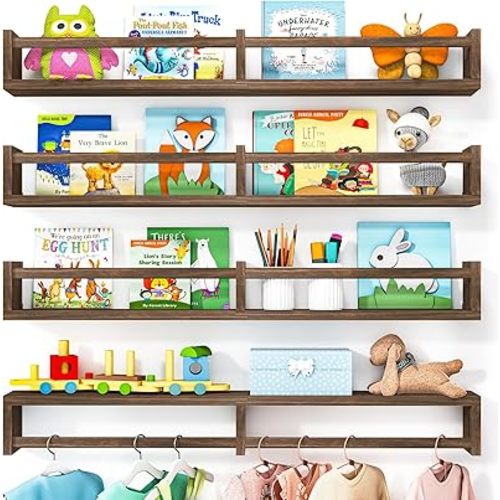 Fixwal Nursery Book Shelves, 32 Inch Floating Bookshelves for Wall Set of 4, Baby Nursery & Playroom Decor, Solid Wood Wall Mounted Shelves for Books and Toys Storage (Brown)