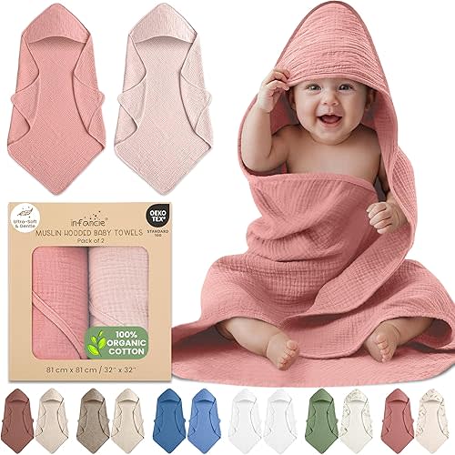 infancie Organic Cotton Muslin Baby Hooded Towels - 32x32 Inch, 2 Pack Newborn Bath Towels for Boys & Girls, Soft & Absorbent Bath Set (Rose/Peach)