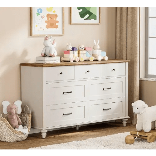 WAMPAT Kids Dresser with 7 Drawers for Bedroom, White Baby Dresser for Nursery & Kids Room, Mid Century Modern Chests & Dressers, Distressed Wide Dresser Organizer for Children’s Bedroom, 54 Inch