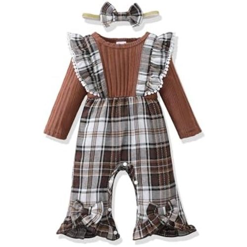 Renotemy Newborn Baby Girl Clothes Fall Winter Outfit Ribbed Romper Plaid Overalls Jumpsuit Infant Girl Outfits 0-18 Months