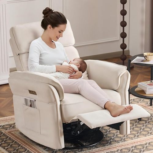 MELLCOM Power Recliner Rocking Chair Nursery Gliders with Adjustable Armrests and Headrest, Swivel Electric Glider Reclining Nursing Chair with Storage Bags and USB Port, FSC Certified(Beige Fabric)