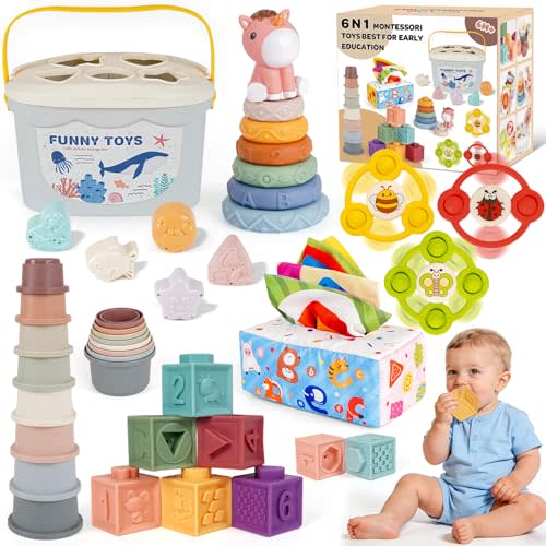 Montessori Toys for Babies 6-12-18 Months 6 in 1 Infant Sensory Baby Toy | Stacking Cups Shape Sorter Box Suction Spinner Building Blocks Stacking Ring Tissue Box Toddler 1 2 3 Year Old Birthday Gift