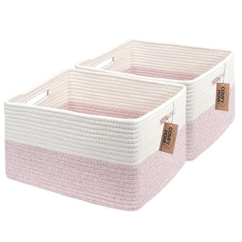 COMFY-HOMI 2 pcs Large Storage Baskets for Shelves, Laundry Basket, Woven Rope Basket, Closet Organizer Bins for Clothes Blanket Towels, Baby Nursery, Gift Toy Baskets, 17” x 13” x 7.5”-White/Pink