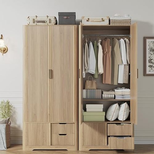 Vabches 71” Fluted Armoire Wardrobe Closet with 2 Doors and Drawers Tall Wooden Wardrobe Cabinet with Large Storage, Hanging Rod, 2 Shelves, Golden Metal Handle
