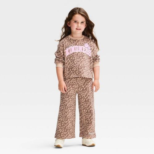 Toddler Girls' 2pc Smiley World "Kindness" Animal Printed Sweatshirt and Pants Set - Brown 4T