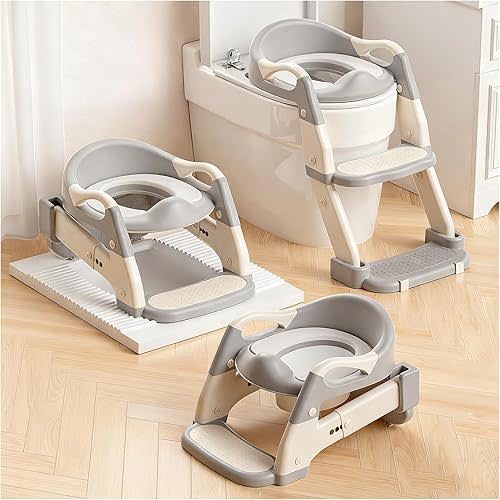 Snugzy Toddler Potty Training Seat 3-in-1 Foldable Potty Training Toilet with Step Stool Adjustable Potty Chair with Urinals (Grey)