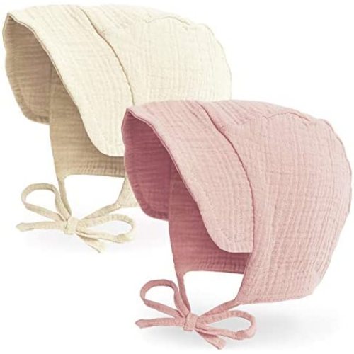 JELLYTREE Baby Hat Brimmed Sun Bonnet Muslin Double Gauze Toddler Sun Hat Infant Boys Girls Beanie Caps, 6m 12m 24m