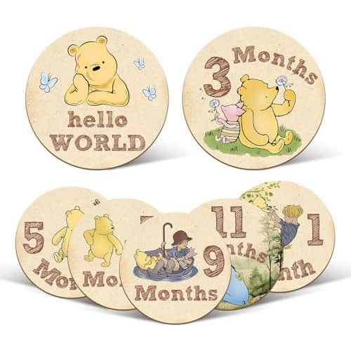 7 Pcs Winnie Baby Monthly Milestone Markers, Winnie Double Sided Winnie Baby Months Wooden Signs with Storage Bag, Winnie Baby Monthly Announcement Wooden Discs, Winnie Milestone Pictures of Newborn
