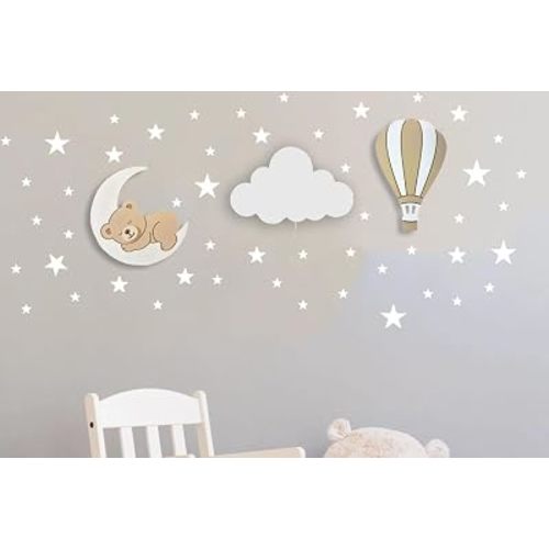 BugyBagy Nursery Wall Lamp Set – 3 Hand Painted Wooden Night Lights for Baby Room (Teddy Bear on Moon, Cloud, Hot Air Balloon) + 56 White Star Wall Stickers – Cordless Battery Operated – Beige