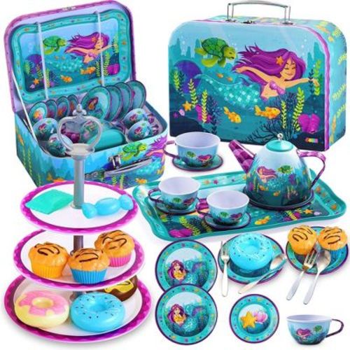 Joyfy 35Pcs Mermaid Tea Party Set for Girls, Pretend Tin Teapot Set, Princess Tea Time Play Kitchen Toy, Birthday Gifts Kids Toddlers Age 2 3 4 5 6