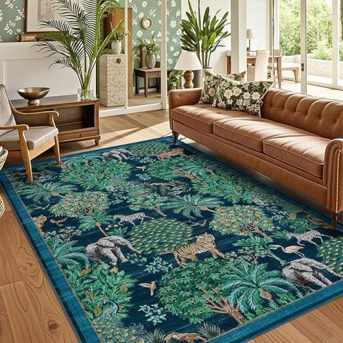 GarveeHome Jungle Animal Print Rug 5x7 Washable Area Rugs for Living Room, Forest Rug Non Slip Low Pile Stain Resistance Large Throw Carpet for Bedroom Dining Room Kids Playroom Nursery, Blue
