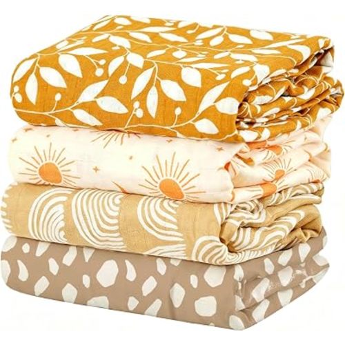 4 Set Muslin Swaddle Blankets Receiving Blanket for Newborn Baby | Boys, Girls Cute Soft Print Baby Towel Wrap 120x110cm Baby