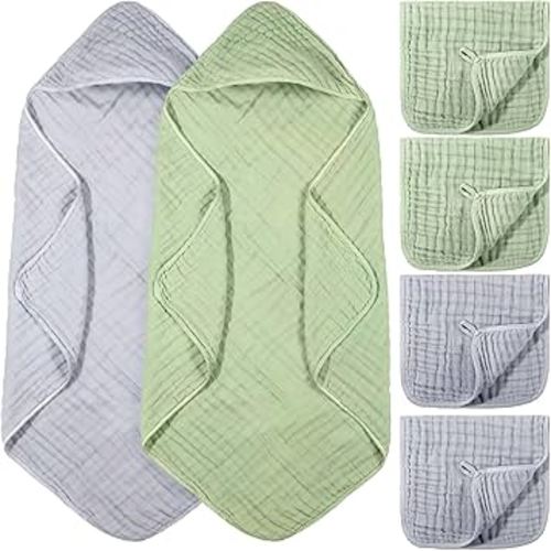 VitalCozy 6 Pcs Baby Muslin Hooded Bath Towels and Washcloths Muslin Cotton Hooded Baby Towels Absorbent Blankets for Gift Newborn Infant Shower (32 x 32 Inch,Sage Green,Grey)