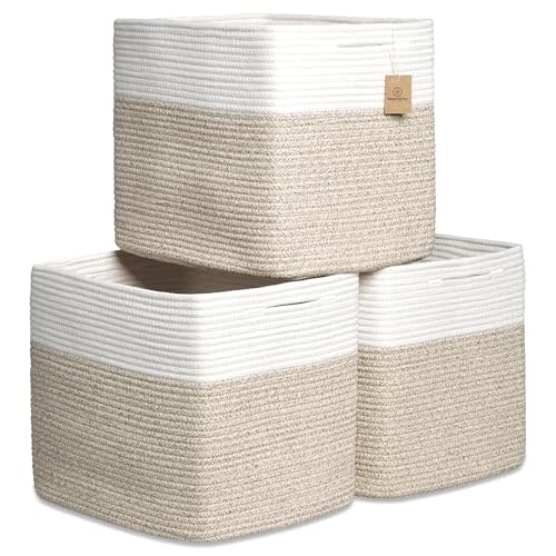NaturalCozy 13x15x13 Kallax Storage Cubes Bins, 3 Pack | Cotton Rope Cube Storage Bin Woven Baskets for Organizing | Kallax Insert Storage Baskets for Shelves Organizer, Kids Toy, Closet Baby Nursery