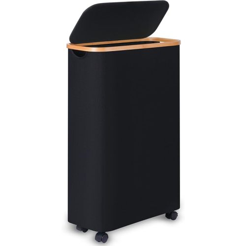 Slim Laundry Hamper with Wheels,Narrow Hampers for Laundry,Freestanding Laundry Basket with Lid&Bamboo Handles,Collapsible & Waterproof Tall Cloth Hamper for Dorm Family(60L,Black)