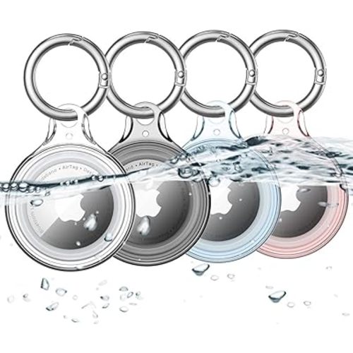 4 Pack Airtag Holder IPX8 Waterproof for Apple Air Tags with Keychain, Hard PC Cover [Anti-Scratch] for Air-Tag Item Finder GPS Tracker Case Key Chain, Clear/Black/Blue/Red
