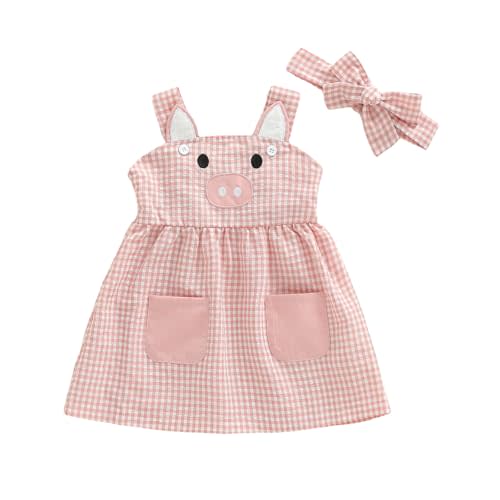 Toddler Baby Girl Pig Dress Farm Animal Clothes Piggy Embroidery Sleeveless A Line Plaid Summer Dress Headband