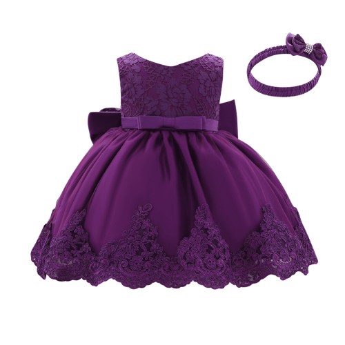 IBTOM CASTLE Baby Girls Formal Dress Lace Bowknot Baptism Embroidery Princess Birthday Wedding Flower Tutu Gown with Headwear 6-9 Months Dark Purple
