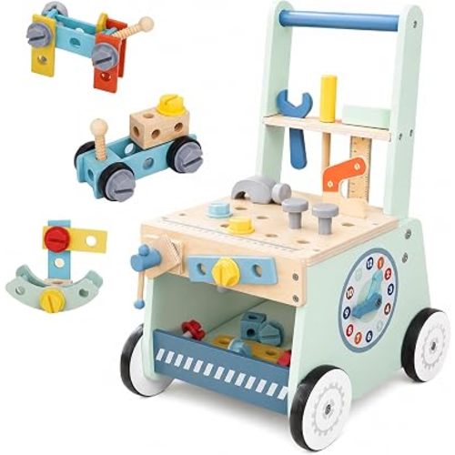 2-in-1 Wooden Baby Walker and Tool Bench with Building Play, Blue