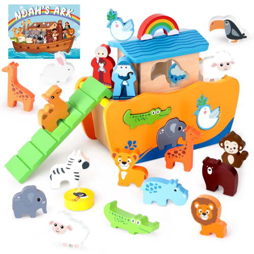 Sumsoltic 27-Piece Wooden Noah's Ark Toy for 1-3 Year Olds Baptism Christmas Birthday Gift Bilingual Bible Story Montessori Shape Sorter Christian Educational Toy for Boys Girls