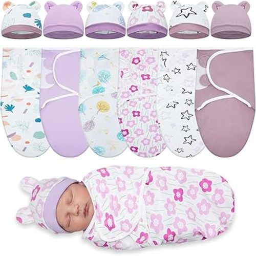 Ramede 6 Pack Preemie Swaddle Blanket with Hats Sleep Swaddle for Baby Boy Girl Preemie Newborn Sacks Soft Cotton Wearable(Tree,Purple)