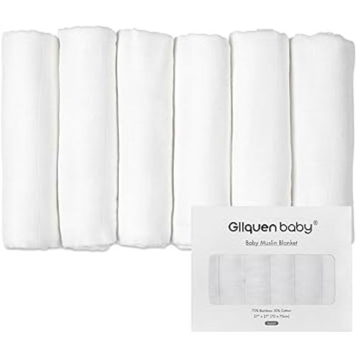 GLLQUEN BABY Receiving Blanket Boy Cotton Muslin Swaddle Blankets Girl Newborn Squares Breathable & Soft Thin Baby Blankets Cloths Double Absorbent Infant Swaddling Wrap - 6 Pack (White)