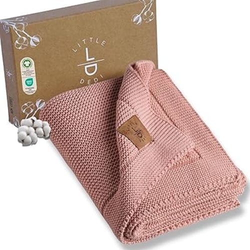 100% Organic Cotton Baby Knitted Blanket with Gift Box - Soft Toddler, Crib, Stroller Blanket - Neutral Swaddle and Receiving Blanket for Newborns, 30"x40", Pink