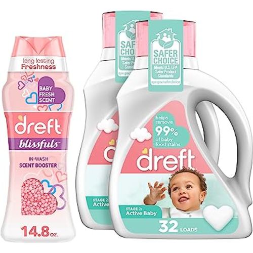 Dreft Stage 2: Active Baby Hypoallergenic Laundry Detergent Liquid Soap, 64 Total Loads, 46 fl oz (Pack of 2), with Blissfuls Scent Booster Beads for Washer, Fresh, 14.8