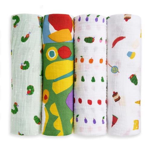 aden + anais Essentials Cotton Muslin Swaddle, Breathable Baby Blanket, Ideal for Newborns, Babies & Infants, Receiving Blanket, Soft and Lightweight Wrap, 4 Pack, Very Hungry Caterpillar