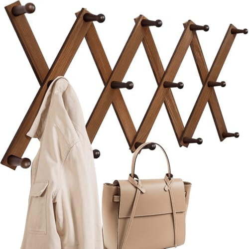 Vintage Wood Expandable Peg Rack- Multi-Purpose Accordion Wall Hangers with 13 Hooks for Hats, Coat, Mugs, Scarf, Jewelry Storage