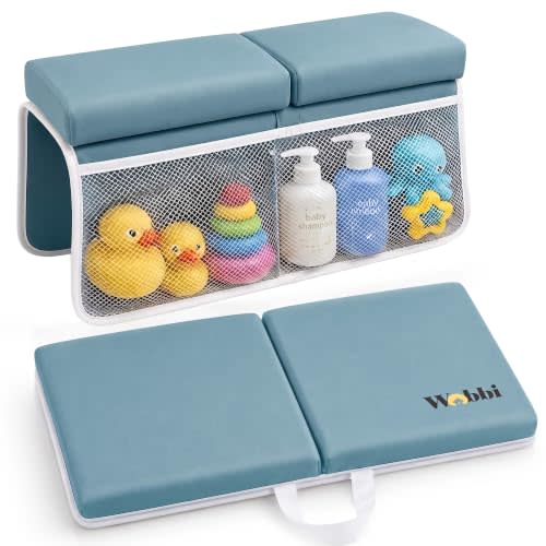 Wobbi Baby Bath Kneeler and Elbow Rest Pad Set | Extra Thick Memory Foam | Comfortable Bath Time | Non-Slip Suction Base | 4 Storage Pockets & Quick-Dry Design for Parents | Blue
