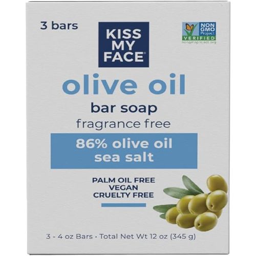 Kiss My Face Olive Oil Fragrance Free Bar Soap, Moisturizing Bar Soap, Cruelty Free Vegan Soap, Palm Oil Free, 4 Oz - 3 Count (Pack of 1)