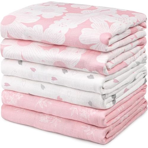 GLLQUEN BABY Receiving Blanket Boy Cotton Muslin Swaddle Blankets Girl Newborn Squares Breathable & Soft Thin Baby Blankets Cloths Double Absorbent Infant Swaddling Wrap - 6 Pack (Rosebud)