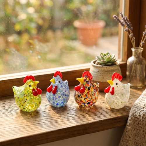 Handblown Glass Chicken Figurine, Colorful Glass Chicks, Mini Glass Animal Window Shelf Decor, Cute Farmhouse Gift for Grandma