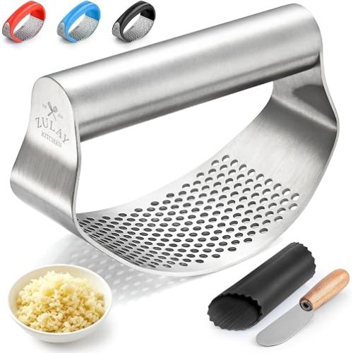 Zulay Kitchen Stainless Steel Garlic Press Rocker Set - Time Saving, Durable Strong Garlic Mincer Tool - Easy to Use & Clean Garlic Crusher Set with Peeler and Scraper Kitchen Gadget Smasher