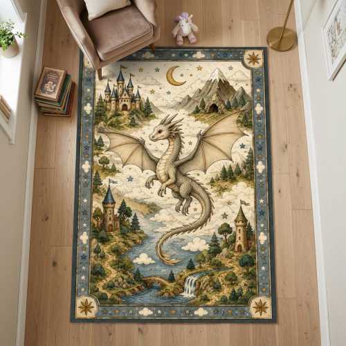 Fantasy Dragon Castle Rug, Fairytale Whimsical Carpet, Storybook Nursery Decor