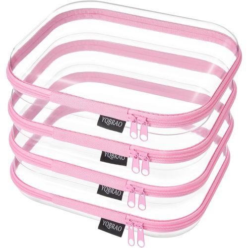 YQBRAO 4-Pack Clear Diaper Bag Organizer Pouches, 1.2mm Ultra-Thick PET Travel Pouches for Toiletries & Makeup, Rigid Self-Standing Bags with YKK Zippers, TSA Approved (Pink)