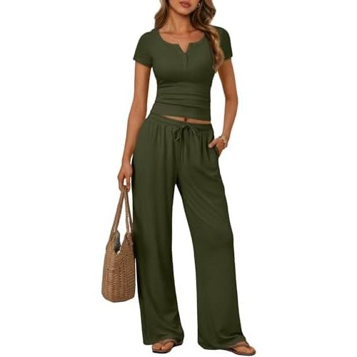 XL Women's 2 Piece Matching Lounge Sets Summer Henley Neck Slightly Crop Top Wide Leg Pants Casual Sweat Suit