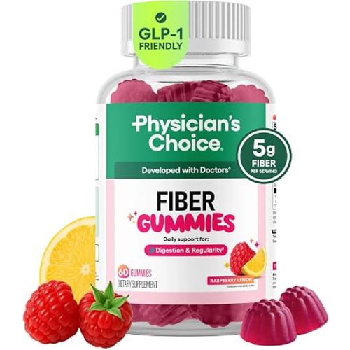 Physician's CHOICE Fiber Gummies for GLP-1 Support - No Sugar Added & Vegan - Raspberry Lemon - Natural Chicory Root Prebiotic Fiber Gummy - Digestive Health & Regularity for Women & Men - 60CT