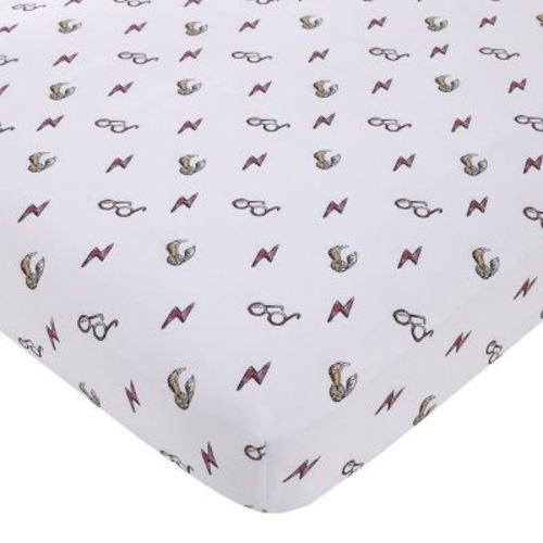 NoJo Warner Bros. Harry Potter White, Red, and Gold Lightning Bolt, Golden Snitch, and Glasses Nursery Fitted Crib Sheet